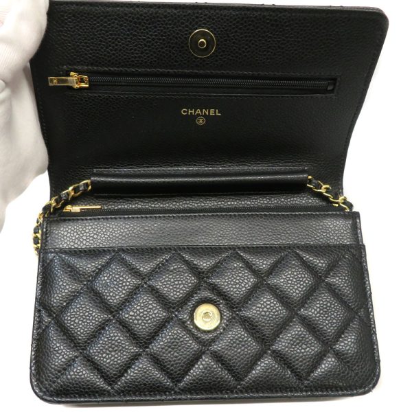 1098 CHANEL Classic Chain Wallet Shoulder Bag Matelasse Caviar Skin Grained Calfskin Black Coco Mark Gold Hardware