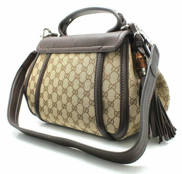 11691547 1 GUCCI GG Canvas Bamboo Tassel Handbag Shoulder Bag 2WAY Canvas Leather Brown