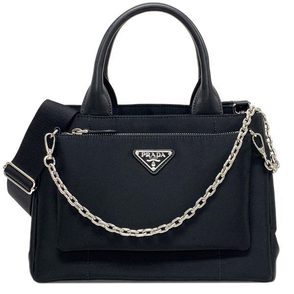 1bg364tsn ner Prada 2WAY Tote Bag Nylon Lambskin Chain Pouch Black