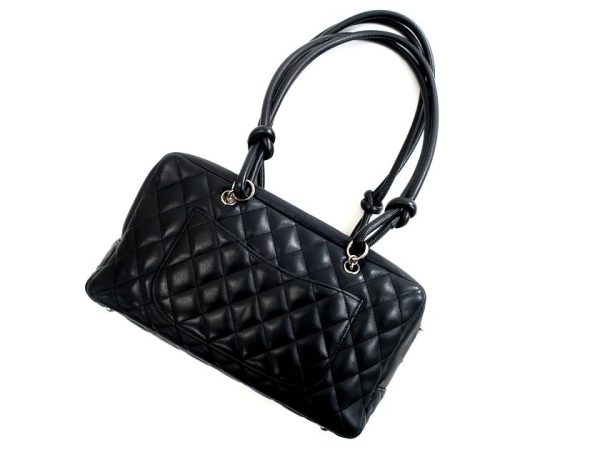 20803k06 2 Chanel Cambon Line Matelasse Genuine Leather Bowling Handbag Black