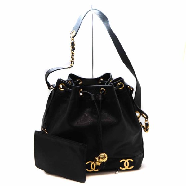 2170 1 Chanel Triple Coco Caviar Skin Drawstring Bag Black