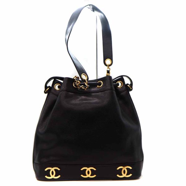 2170 2 Chanel Triple Coco Caviar Skin Drawstring Bag Black