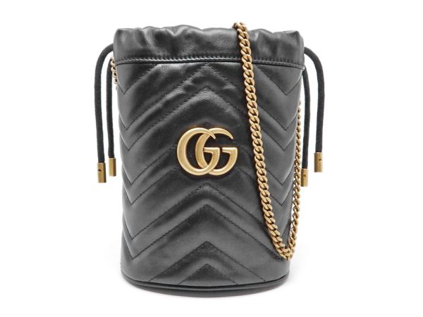 22037200406 01 Gucci Leather Black GD Hardware GG Marmont Mini Bucket Bag Shoulder Bag