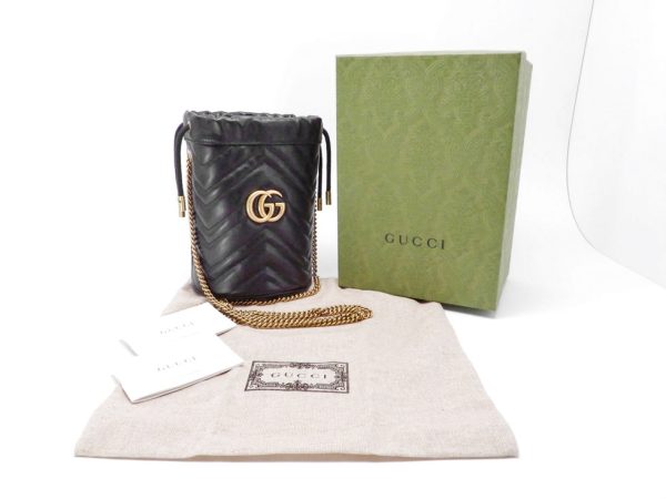 22037200406 07 Gucci Leather Black GD Hardware GG Marmont Mini Bucket Bag Shoulder Bag