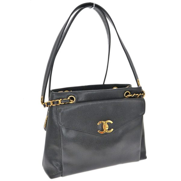 23 2150 1 CHANEL Caviar Skin Chain Shoulder Tote Bag for Women Black