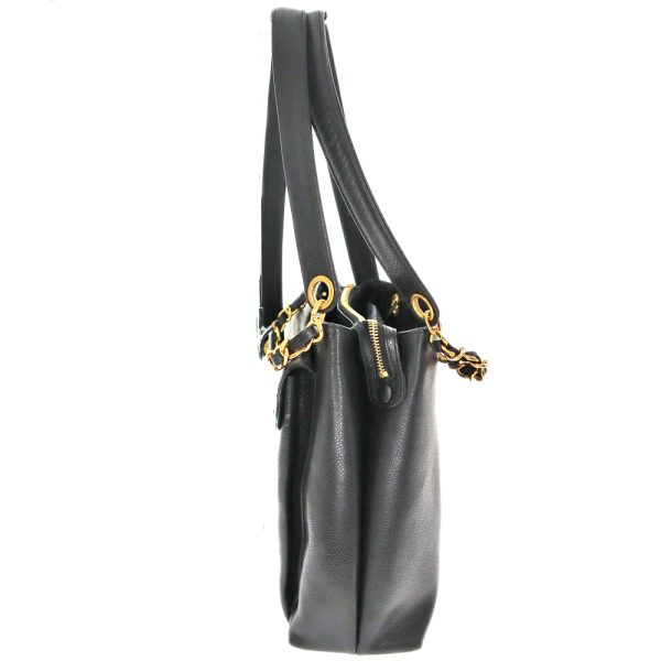 23 2150 3 2 CHANEL Caviar Skin Chain Shoulder Tote Bag for Women Black