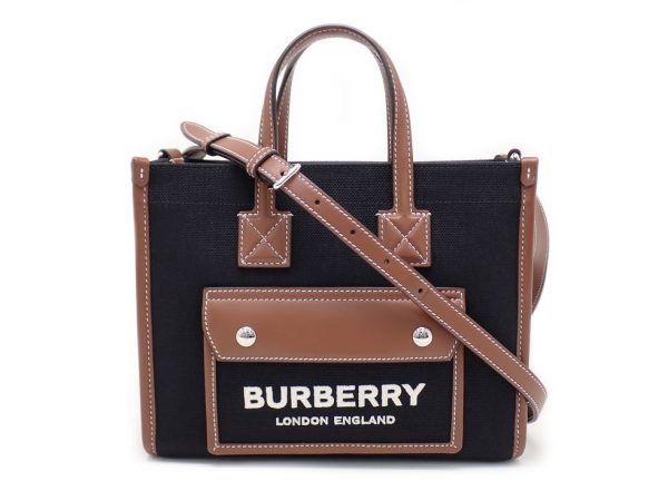 24322tsno4 01 Burberry Canvas Leather Black Tan Mini Freya Tote 2WAY Bag