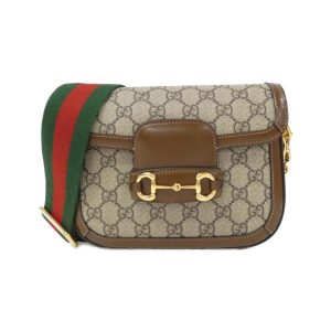 2600063488494 1 b GUCCI Horsebit 1955 Mini Denim GG Pattern Shoulder Bag Blue Brown