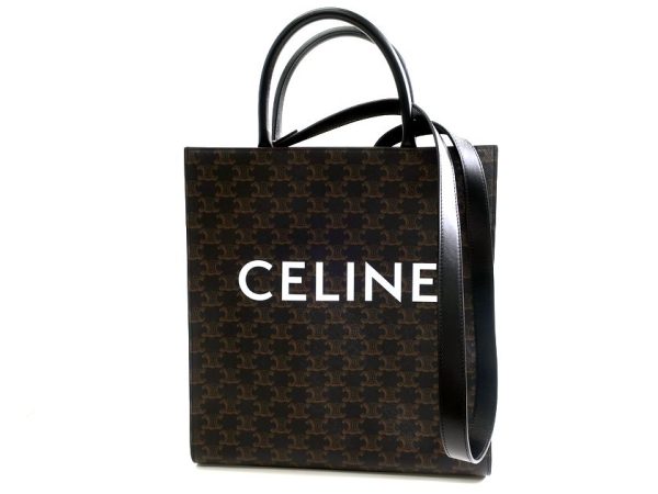 30905k06 g 1 Celine Logo Print Medium Triomphe Canvas Leather 2way Handbag Shoulder Bag Black Brown