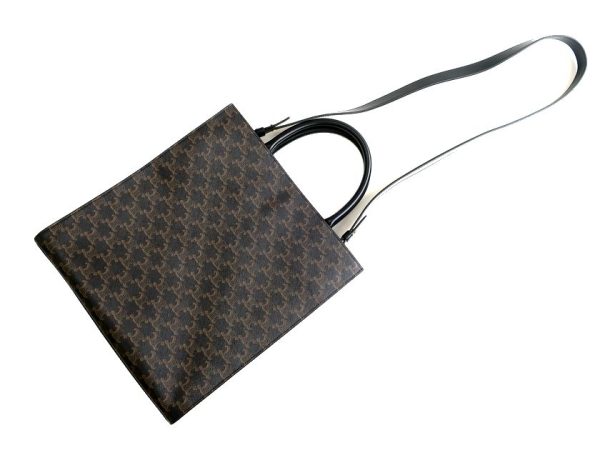30905k06 g 2 Celine Logo Print Medium Triomphe Canvas Leather 2way Handbag Shoulder Bag Black Brown