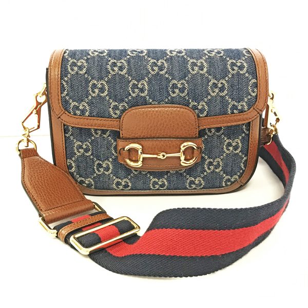 31008829315 7 02u Gucci Horsebit 1955 Mini Bag GG Denim Leather Shoulder Bag Navy Brown