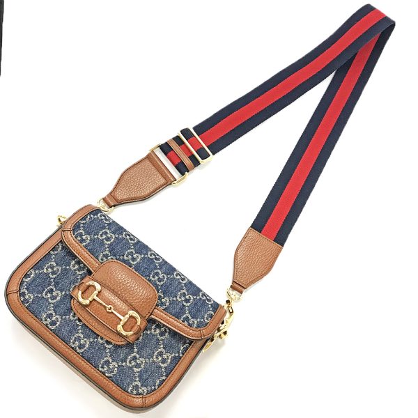 31008829315 7 03u Gucci Horsebit 1955 Mini Bag GG Denim Leather Shoulder Bag Navy Brown