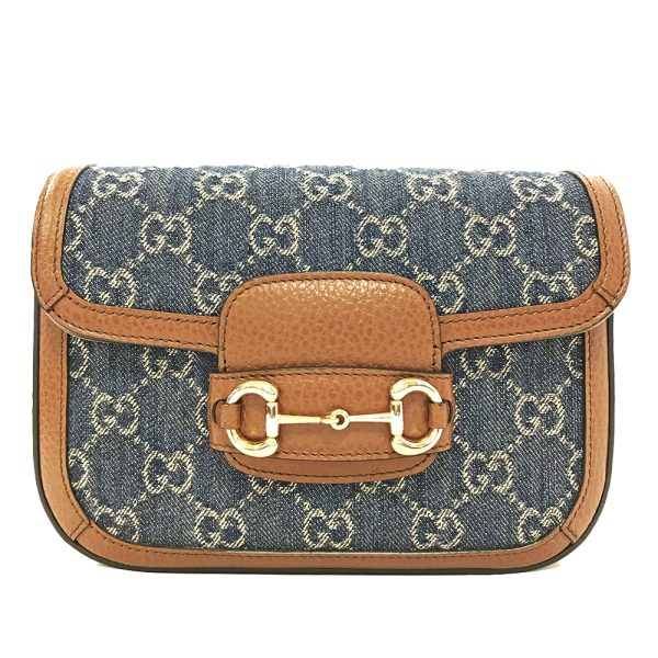 31008829315 7 05u Gucci Horsebit 1955 Mini Bag GG Denim Leather Shoulder Bag Navy Brown