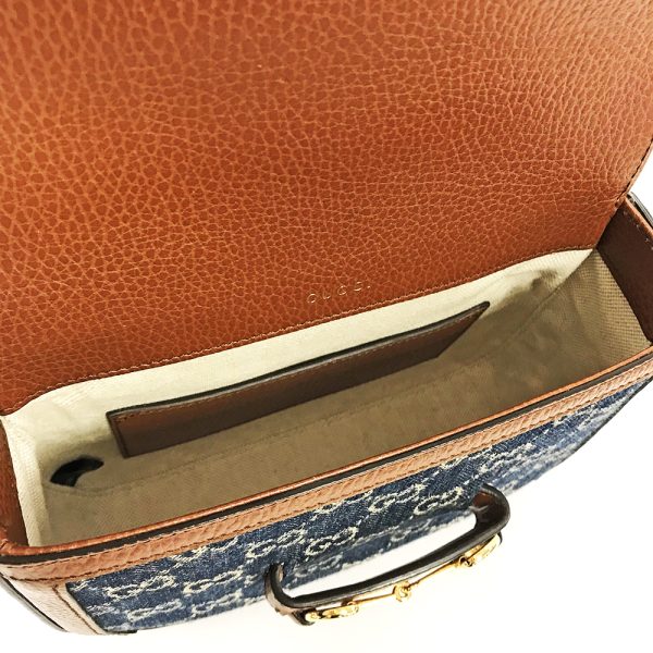 31008829315 7 10u Gucci Horsebit 1955 Mini Bag GG Denim Leather Shoulder Bag Navy Brown