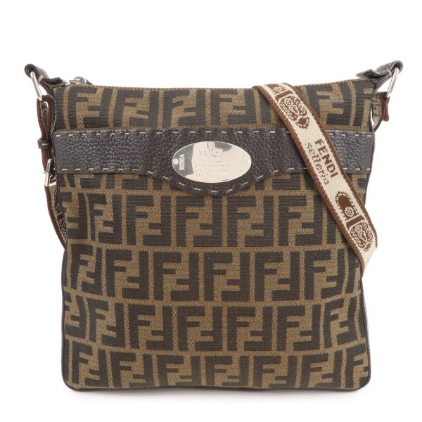 36990 17 1 Fendi Selleria Zucca Canvas Leather Crossbody Shoulder Bag Khaki