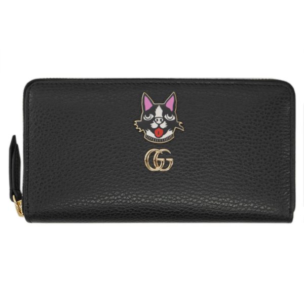 499337 1000 Gucci Round Zipper Long Wallet GG Marmont Enamel Bosco Calf Black