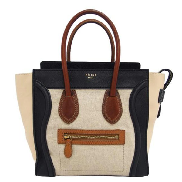 56414 1 Celine Canvas Leather Micro Luggage Shopper Tote Bag Beige Brown Black