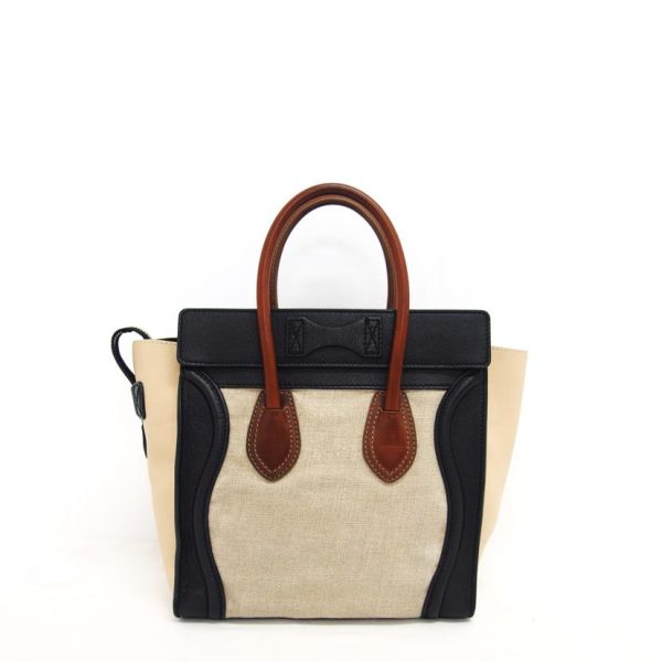 56414 2 Celine Canvas Leather Micro Luggage Shopper Tote Bag Beige Brown Black