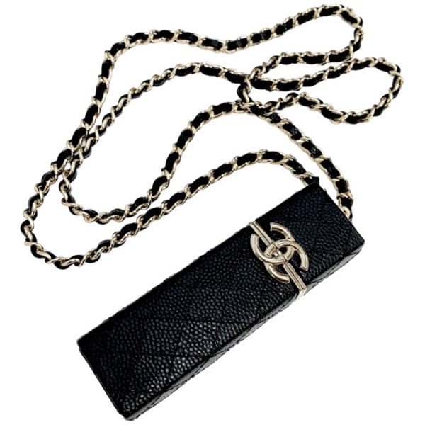 6475 0 CHANEL Coco Mark Matelasse Leather Chain Necklace Black