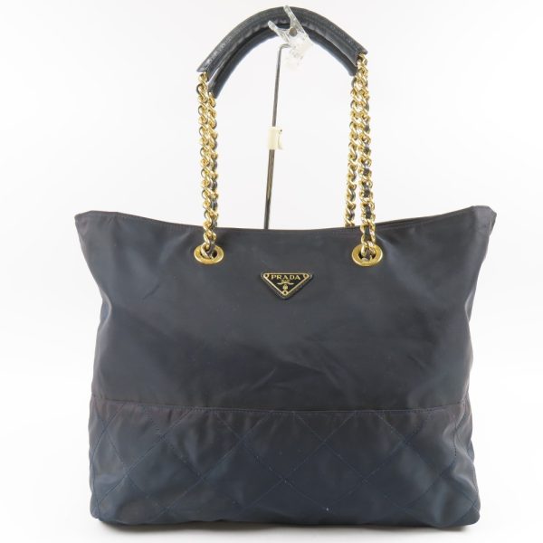 67278 1 Prada Chain Shoulder Bag Triangle Logo Nylon Saffiano Leather Navy