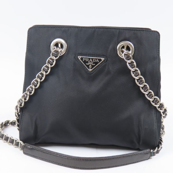 67281 1 Prada Chain Shoulder Bag Triangle Logo Nylon Leather Black