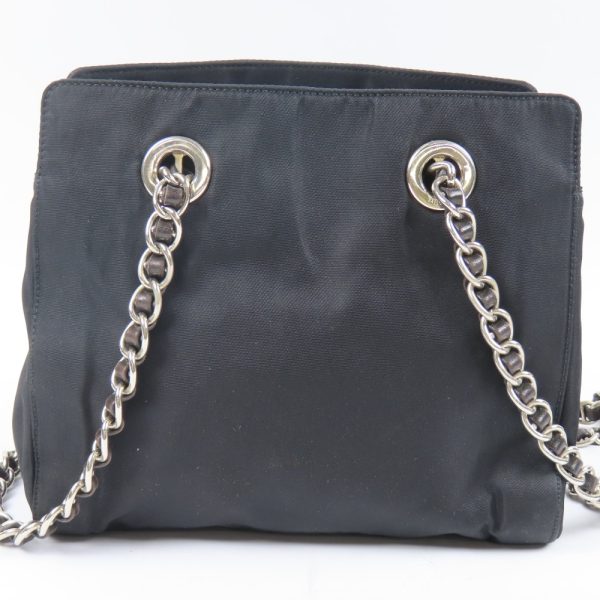 67281 2 Prada Chain Shoulder Bag Triangle Logo Nylon Leather Black