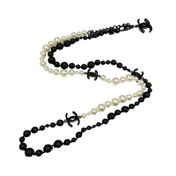 8947 4 CHANEL Coco Mark Pearl Long Necklace Black