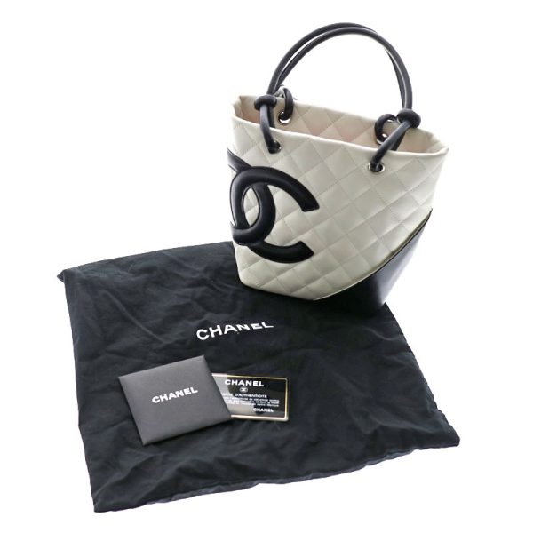 c21 601 16 Chanel Cambon Line Small Tote White Black Line Leather Bag Coco Mark