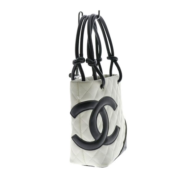 c21 601 2 Chanel Cambon Line Small Tote White Black Line Leather Bag Coco Mark