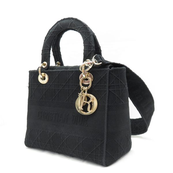 imgrc0083414159 Christian Dior LADY D LITE Medium Bag Cannage Embroidery Canvas Handbag Black