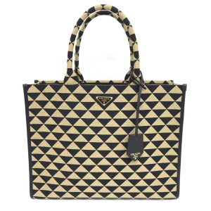 it307251 1 Prada Triangolo Jacgu Handbag Tote Bag Fabric Leather Black X Beige