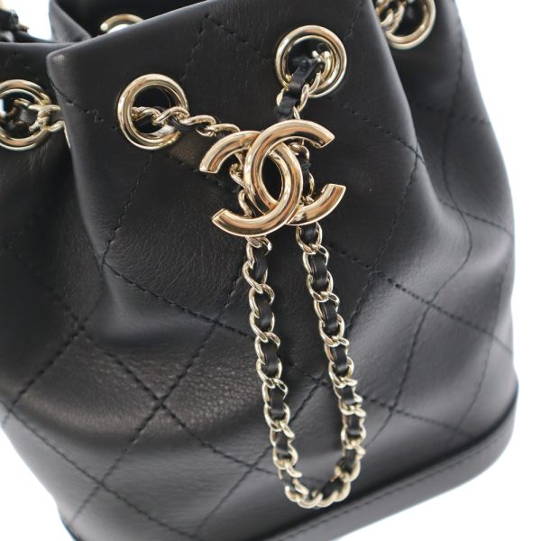 k21 5946 4 CHANEL Mini Chain Shoulder Bag Drawstring Style Black Gold Hardware Bag Stitching Lambskin Leather Genuine Leather Coco Mark