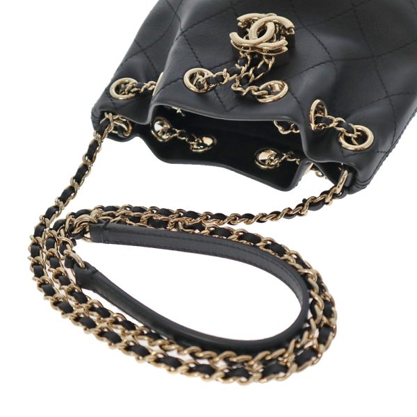 k21 5946 6 CHANEL Mini Chain Shoulder Bag Drawstring Style Black Gold Hardware Bag Stitching Lambskin Leather Genuine Leather Coco Mark