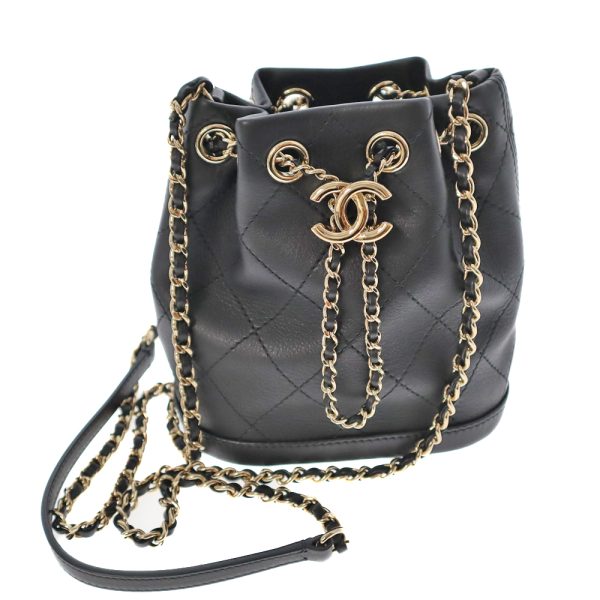 k21 5946 CHANEL Mini Chain Shoulder Bag Drawstring Style Black Gold Hardware Bag Stitching Lambskin Leather Genuine Leather Coco Mark