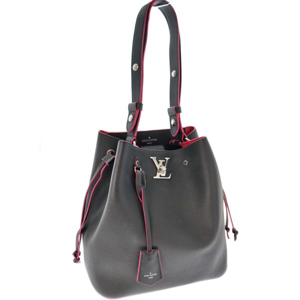 k22 6345 Louis Vuitton Womens Lock Me Bucket Shoulder Bag Calf Leather Noir Pink Silver Hardware Black