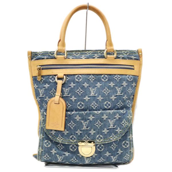 k24 2438 1 Louis Vuitton Flat Shopper Zipper Denim Shoulder Bag Blue