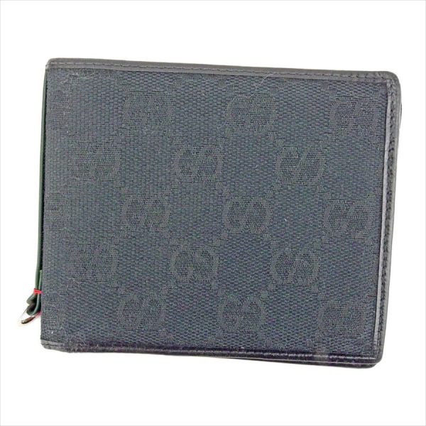 t5166 Gucci Webbing Line Bi fold Wallet GG Canvas Leather Black