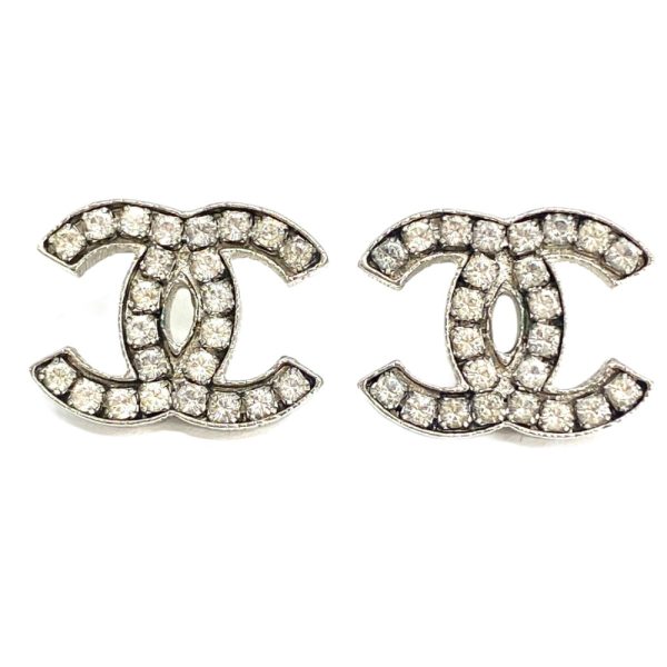 tdc 000503 4c 4 CHANEL Coco Mark Rhinestone Earrings Silver