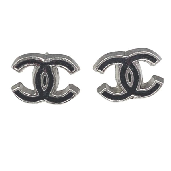 tdc 001015 4c 1 CHANEL Black Coco Mark Earrings Silver