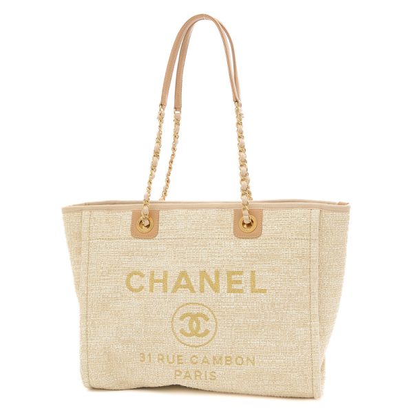 005227051 1 Chanel Deauville MM Medium Chain Tote Beige Gold