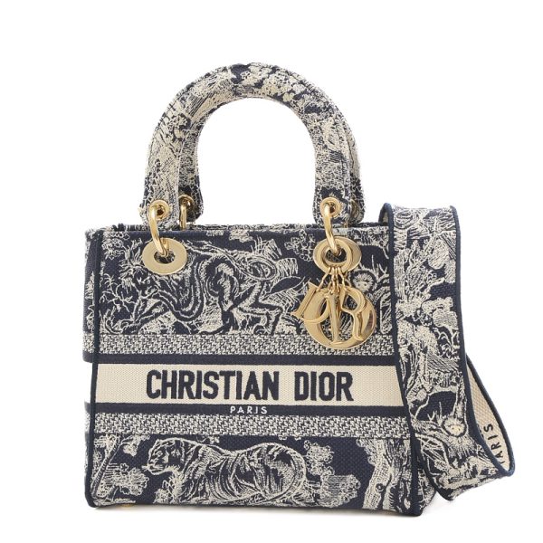 005241170 1 Dior D lite Medium 2way Bag Embroidery Navy White