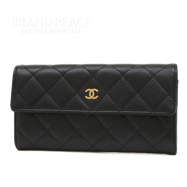 005245505 1w Chanel Matelasse Flap Long Wallet Caviar Black