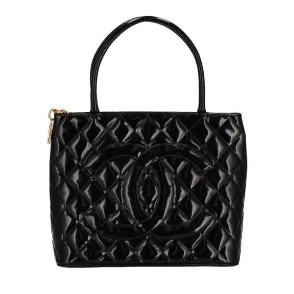 09102 1 Chanel Reproduction Tote Patent GD Metal Fittings Black