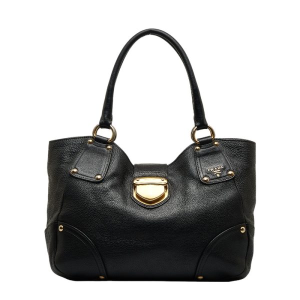 1 0125543 1 Prada Logo Tote Leather Bag Black