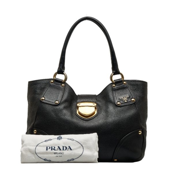 1 0125543 11 Prada Logo Tote Leather Bag Black