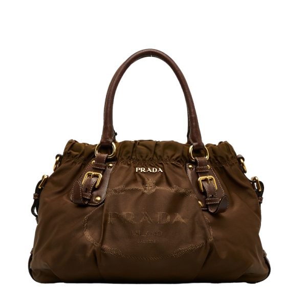 1 0125547 2 Prada Logo Jacquard Handbag Nylon Leather 2 Way Brown