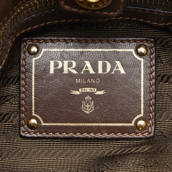 1 0125547 9 Prada Logo Jacquard Handbag Nylon Leather 2 Way Brown