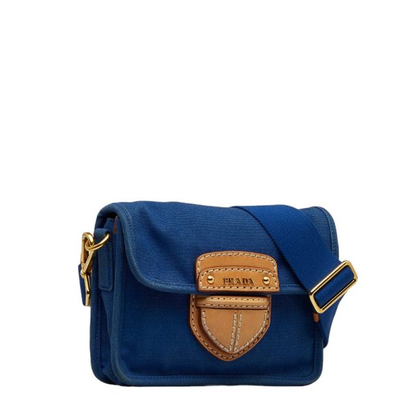 1 0129212 2 Prada Crossbody Shoulder Bag Canvas Leather Blue Brown