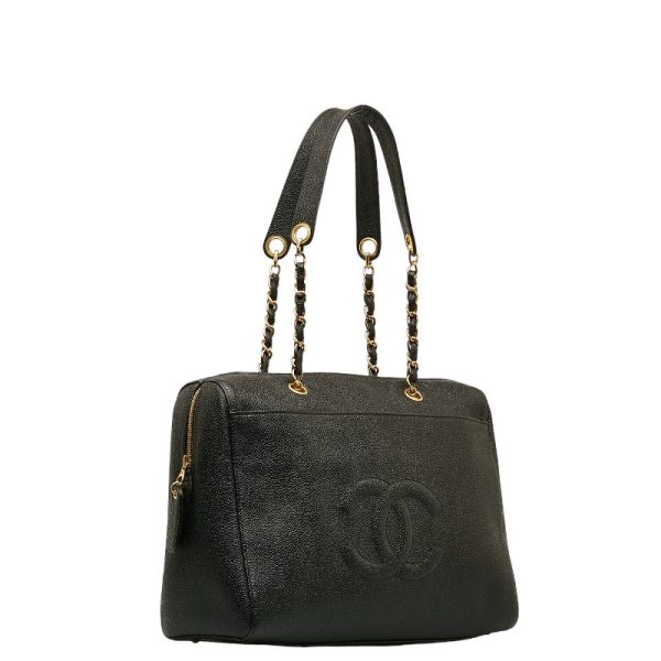 1 0135070 2 Chanel Cocomark Chain Caviar Skin Tote Bag Black