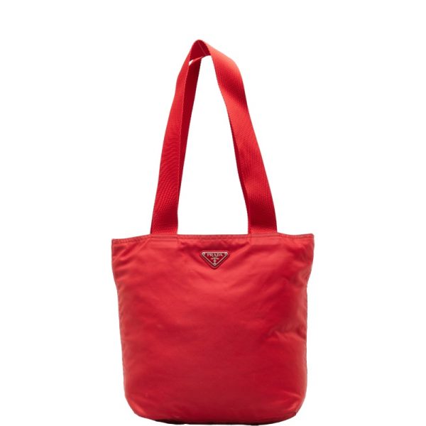 1 0150707 1 Prada Triangle Logo Plate Handbag Tote Nylon Bag Red